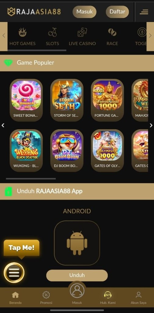 Screenshot mobile RAJAASIA88 — slot dan unduh aplikasi