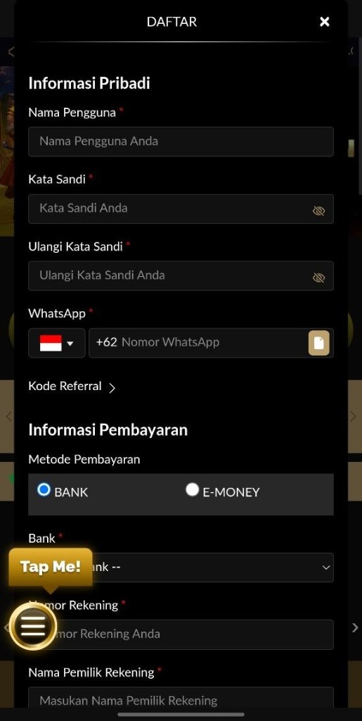 Ilustrasi formulir pendaftaran RAJAASIA88 di mobile